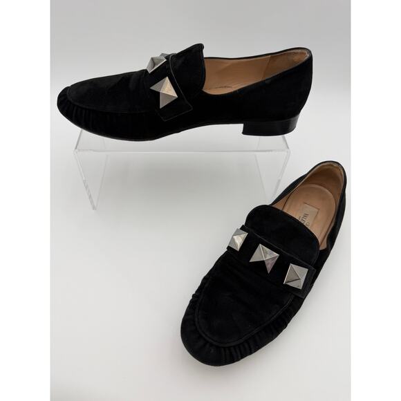 Valentino Garavani Shoes - Valentino Rockstud Roman Stud Pleated Loafers Black Suede Size 38 / 8